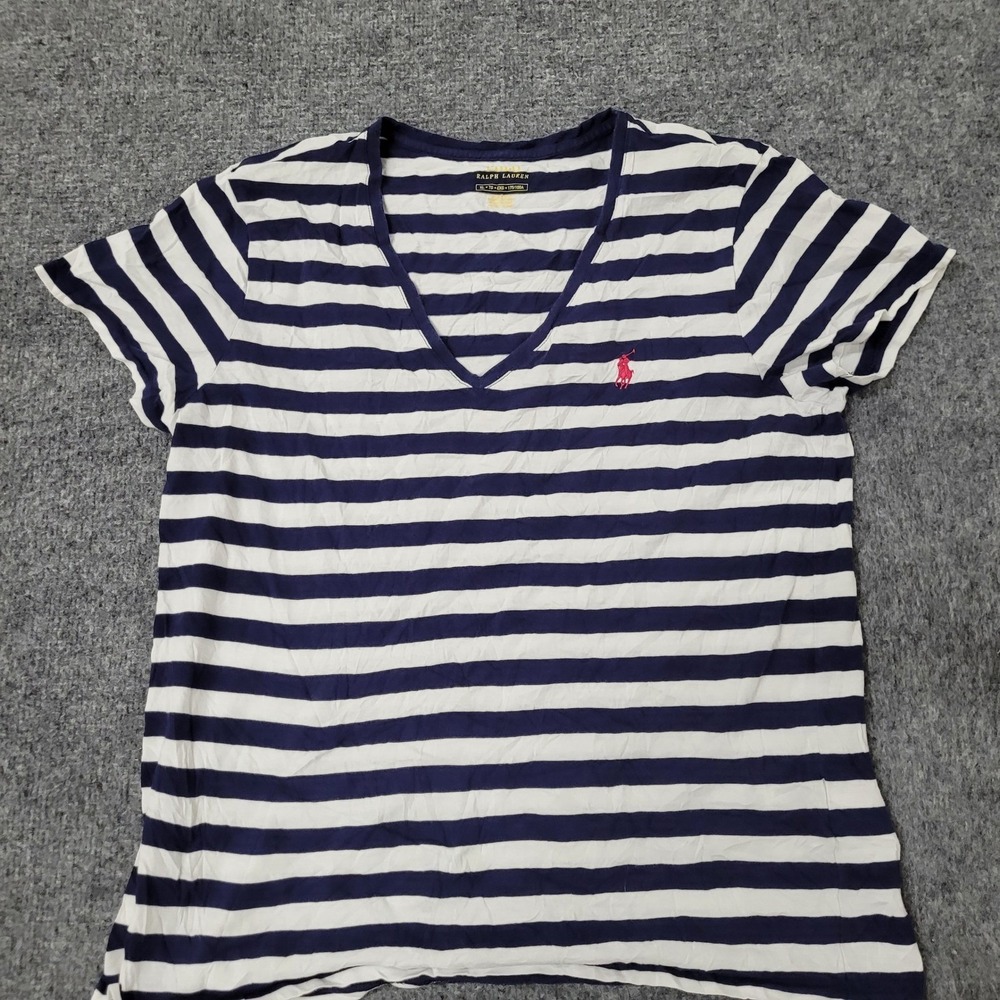 Ralph Lauren T Shirt Womens Size XL Navy Blue White Striped V-Neck Cotton Pony